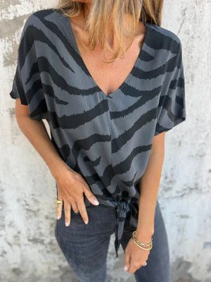 Blouse femme – Coupe décontractée – Col en V – Nœud devant – Manches courtes – Tissu respirant