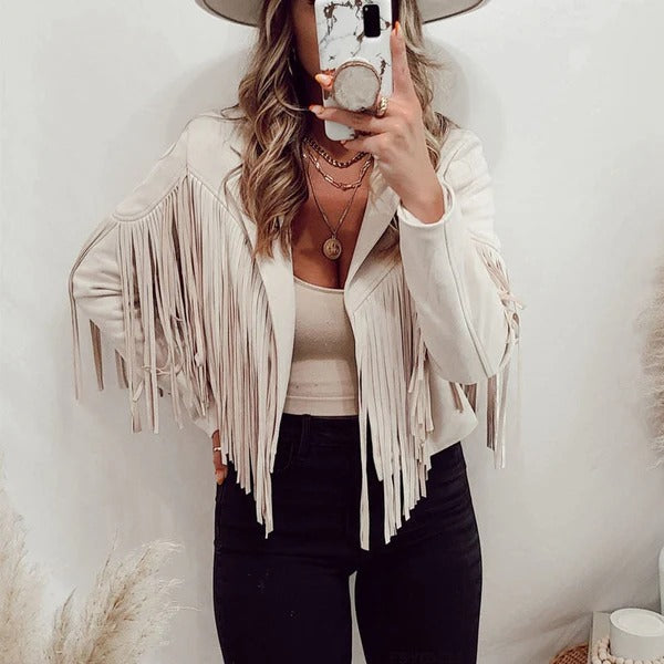 Veste femme – Cuir – Coupe ajustée décontractée – Détails à franges – Longueur hanches