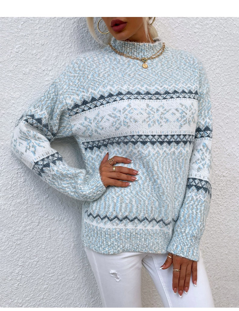 Pull femme – Maille laine – Coupe décontractée – Motif flocon – Col montant