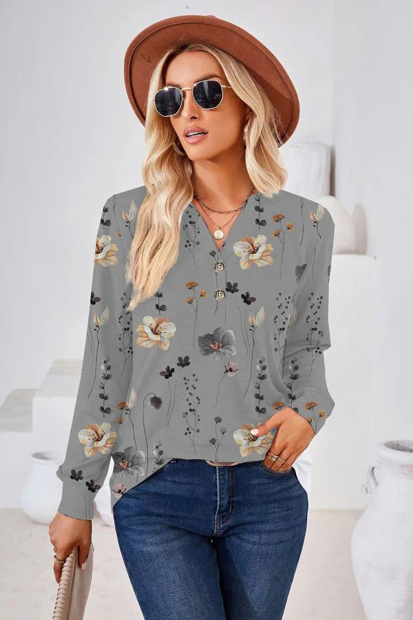 Blouse femme – Coupe décontractée – Motif fleuri – Manches longues – Tissu respirant