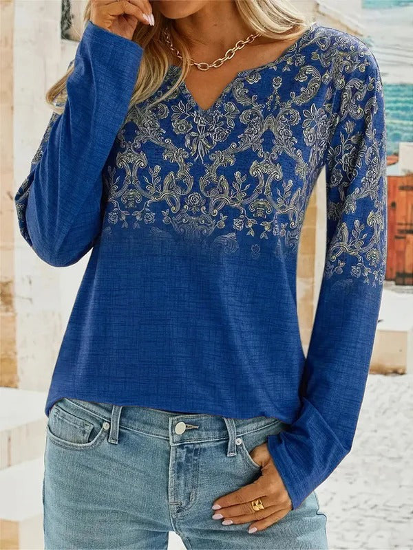 Blouse femme – Coupe décontractée – Broderie florale – Col V – Manches longues