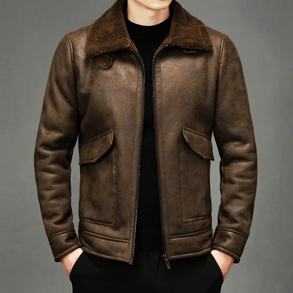 Blouson en cuir homme – Coupe régulière – Col sherpa – Fermeture zippée – Style vintage