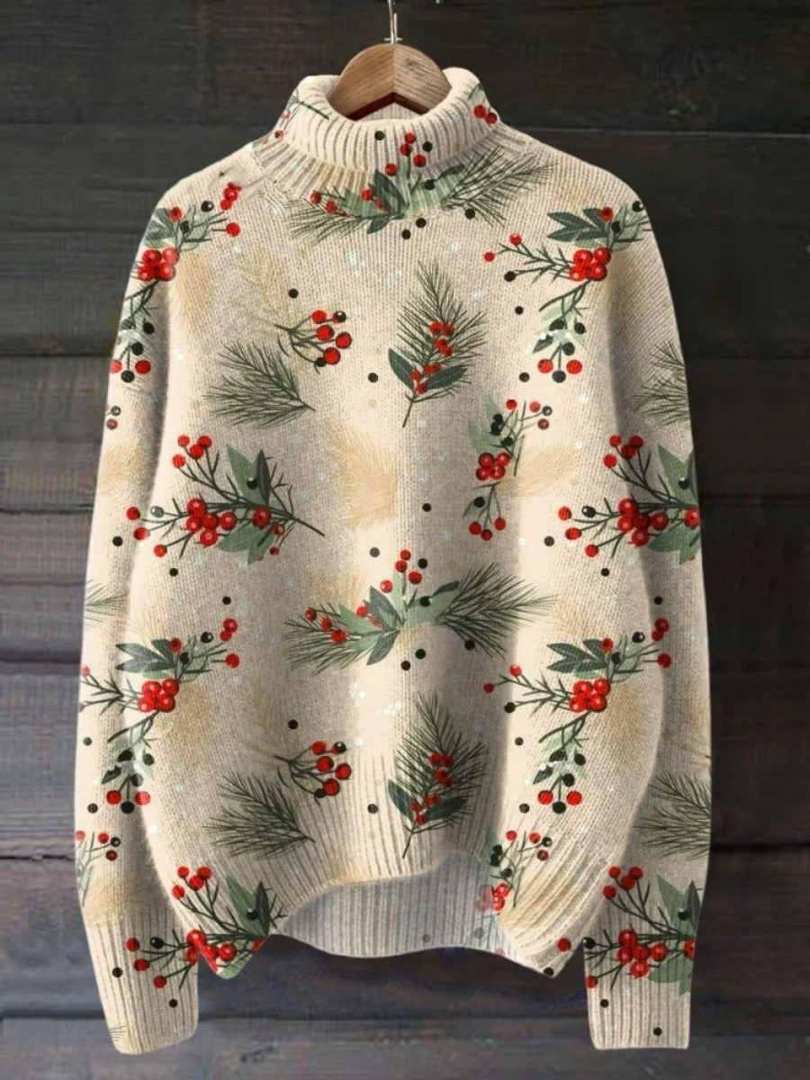 Pull femme à col roulé – Maille laine – Coupe décontractée – Motif botanique festif