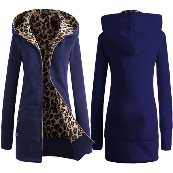 Sweat à capuche femme – Coupe oversize – Longue – Doublure léopard – Zip frontal