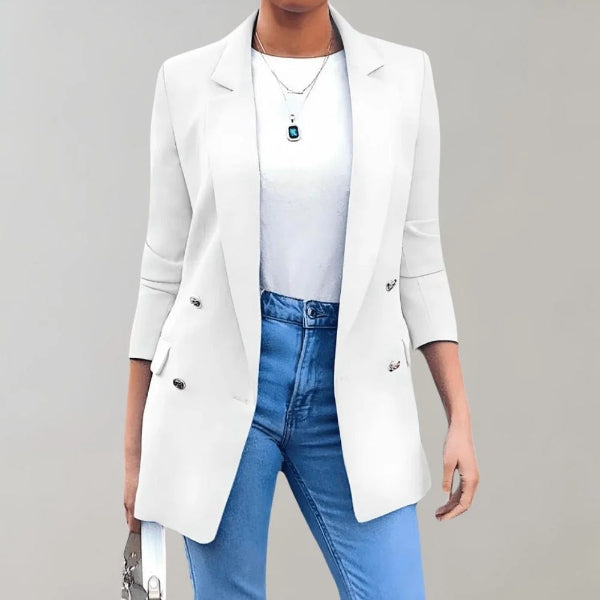 Blazer long femme – Coupe ajustée – Double boutonnage – Épaules structurées