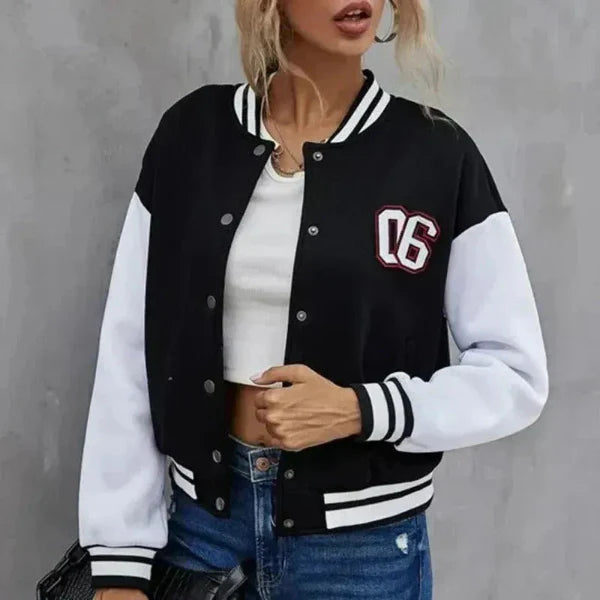 Blouson femme – Coupe décontractée – Boutons devant – Détails varsity – Manches contrastées