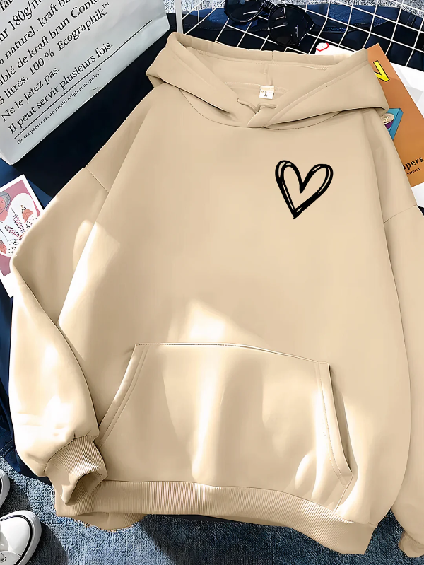 Sweat à capuche femme – Coupe décontractée – Coton – Motif cœur – Poche kangourou