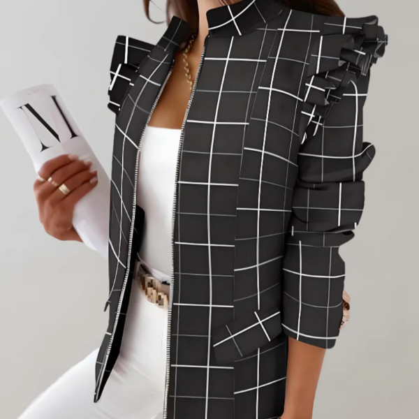 Veste femme – Coupe cintrée – Motif à carreaux – Volants épaules – Col montant