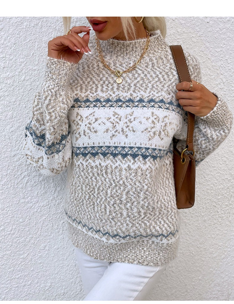Pull femme – Maille laine – Coupe décontractée – Motif flocon – Col montant