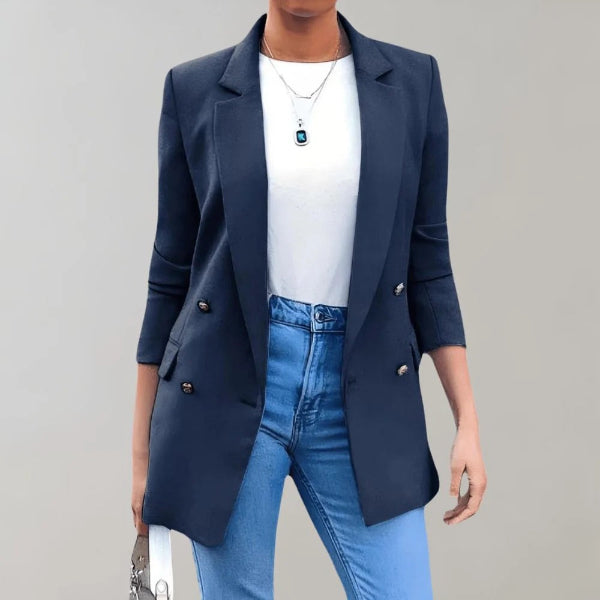 Blazer long femme – Coupe ajustée – Double boutonnage – Épaules structurées