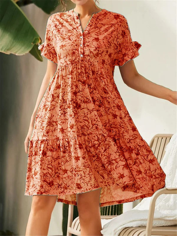 Robe Femme A-Ligne – Tissu Respirant – Imprimé Fleuri – Manches Volants – Col V