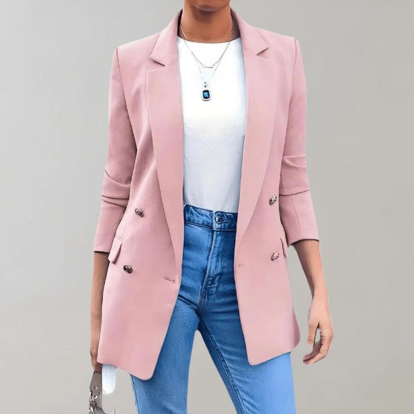Blazer long femme – Coupe ajustée – Double boutonnage – Épaules structurées