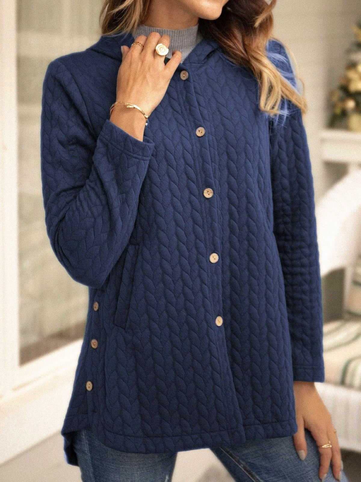 Sweatshirt femme matelassé – Coupe ample – Capuche – Boutonné mi-long casual
