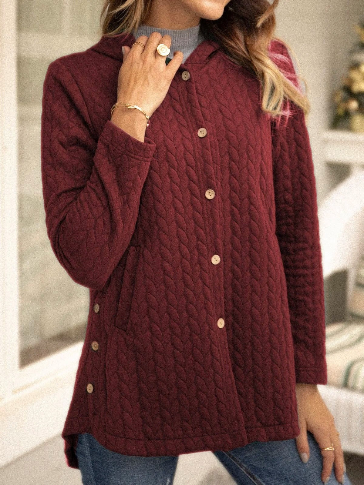 Sweatshirt femme matelassé – Coupe ample – Capuche – Boutonné mi-long casual