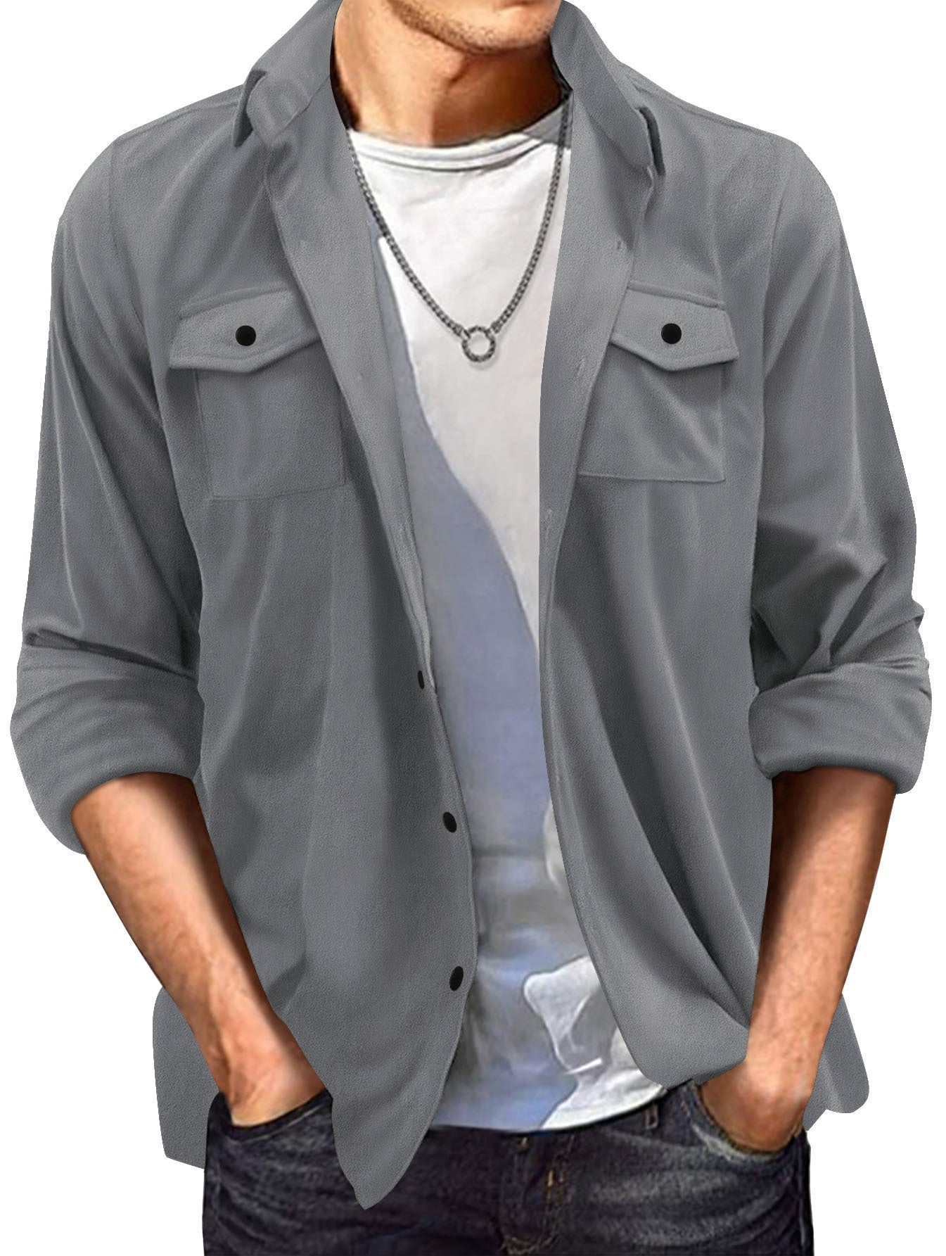 Veste homme casual – Coupe régulière – Effet suédé – Col chemise – Boutonnage frontal