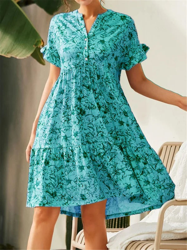 Robe Femme A-Ligne – Tissu Respirant – Imprimé Fleuri – Manches Volants – Col V