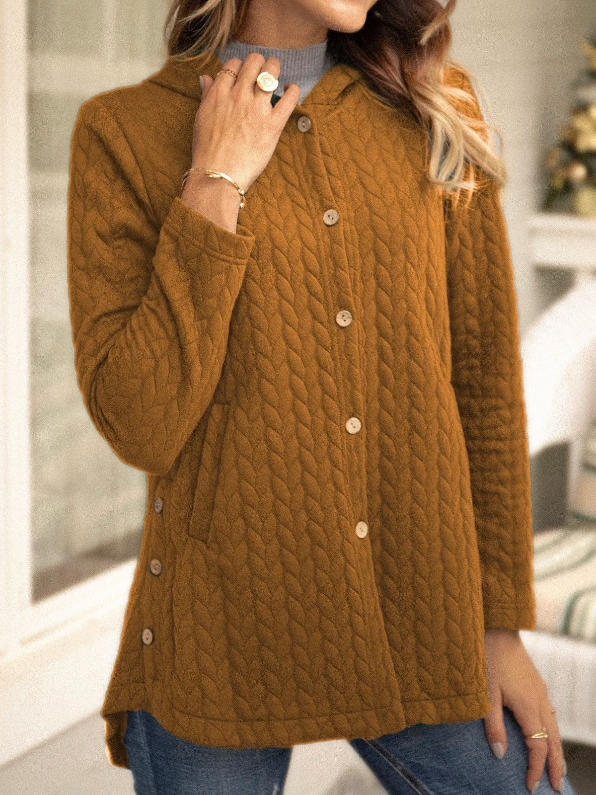 Sweatshirt femme matelassé – Coupe ample – Capuche – Boutonné mi-long casual