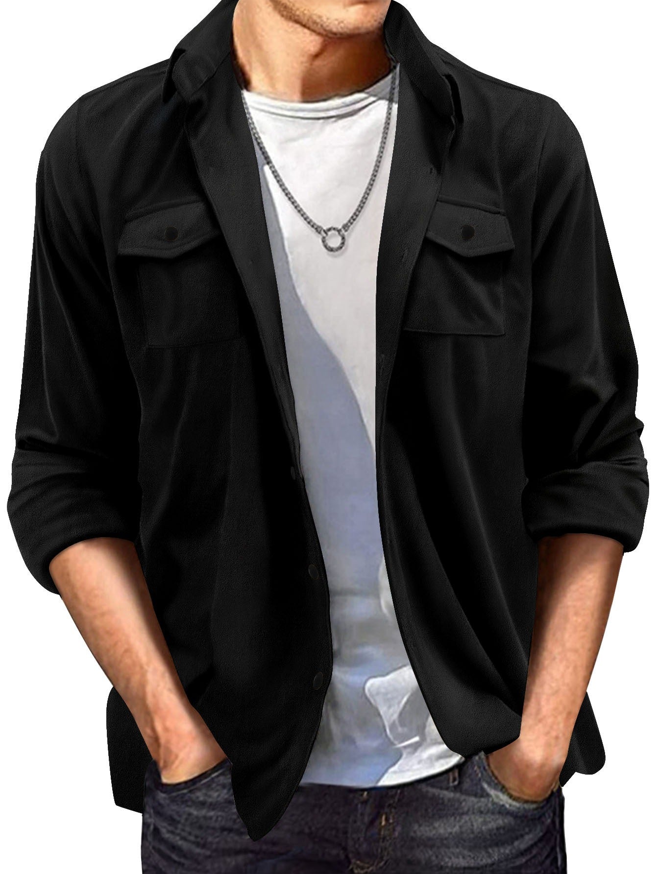 Veste homme casual – Coupe régulière – Effet suédé – Col chemise – Boutonnage frontal