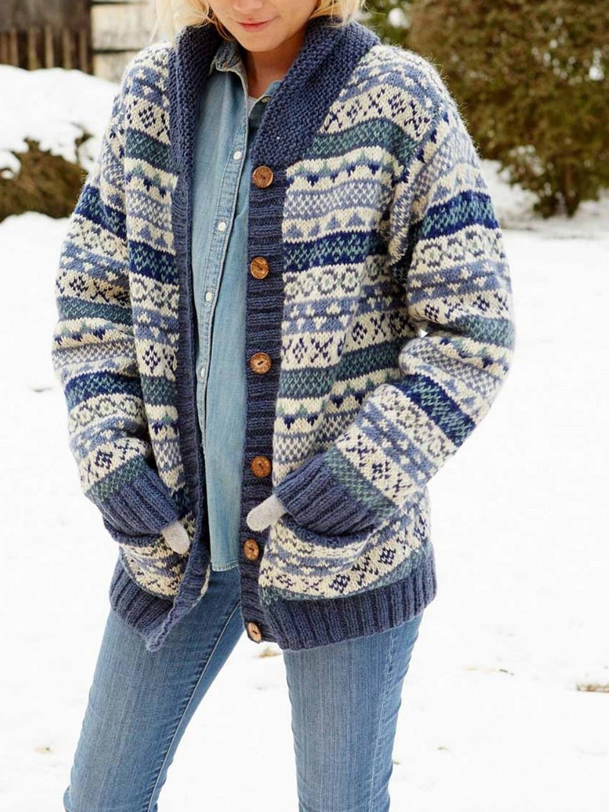 Cardigan femme – Maille laine – Coupe décontractée – Col châle – Motif Fair Isle