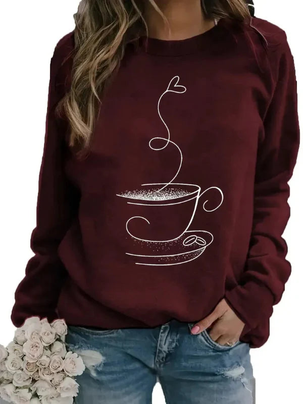Sweatshirt femme – Coupe décontractée – Coton doux – Motif tasse à café – Col rond