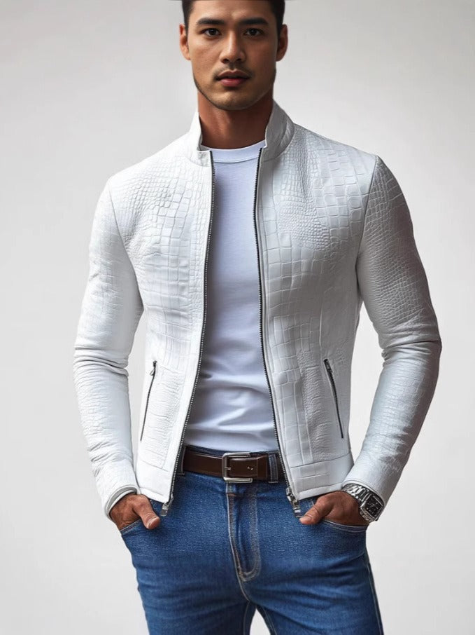 Veste homme – Coupe slim – Effet cuir texturé – Col droit – Fermeture zippée