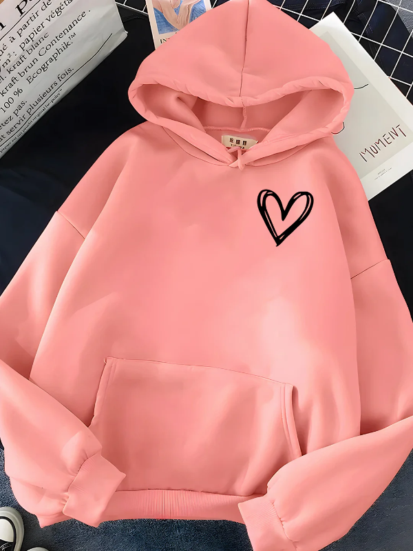Sweat à capuche femme – Coupe décontractée – Coton – Motif cœur – Poche kangourou