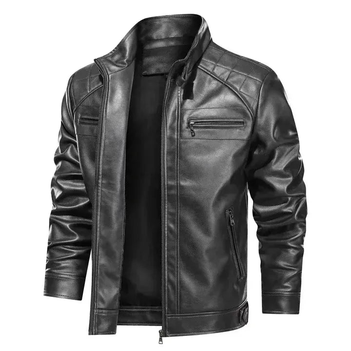 Veste biker homme – Coupe slim – Épaules matelassées – Col montant – Finition cuir