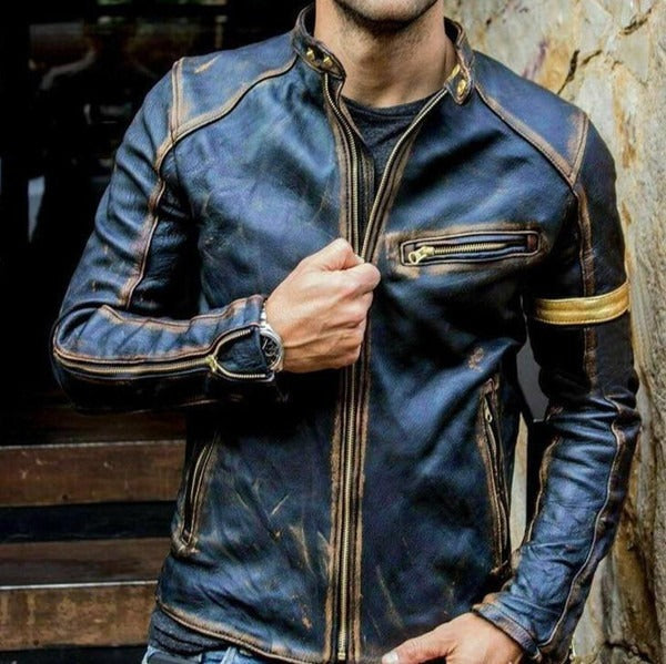 Blouson homme – Coupe slim – Similicuir – Col montant – Détails zippés manches