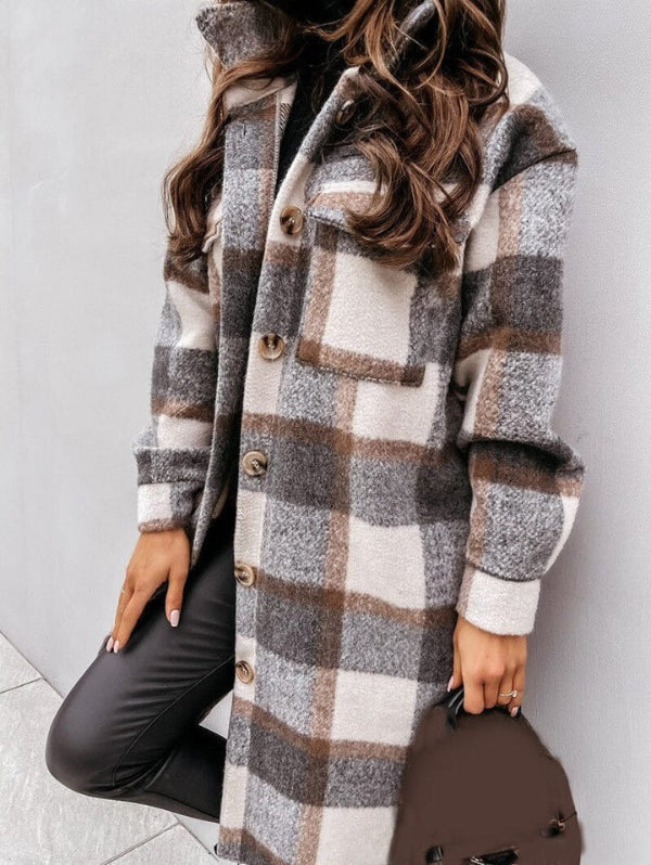Veste femme – Coupe oversize – Motif à carreaux – Laine mélangée – Longueur genou