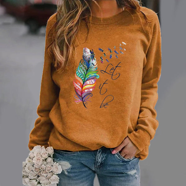 Sweatshirt femme – Coupe décontractée – Imprimé plume – Col rond – Manches longues