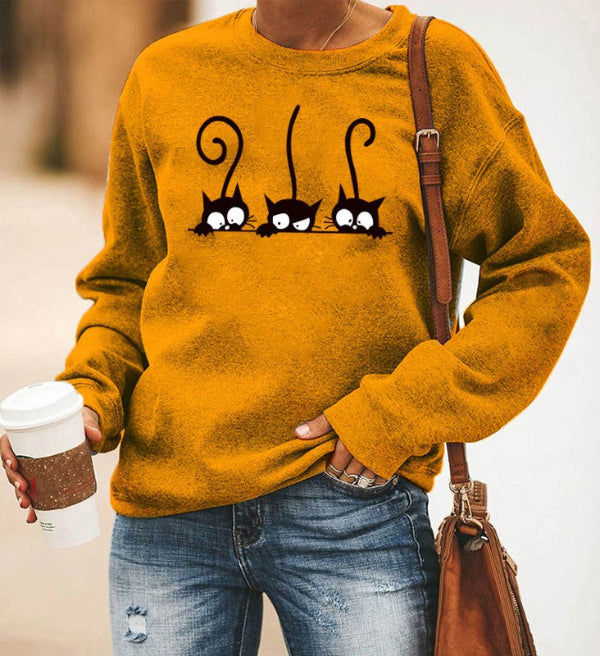 Sweatshirt femme – Coupe oversize – Coton doux – Col rond – Imprimé chat ludique