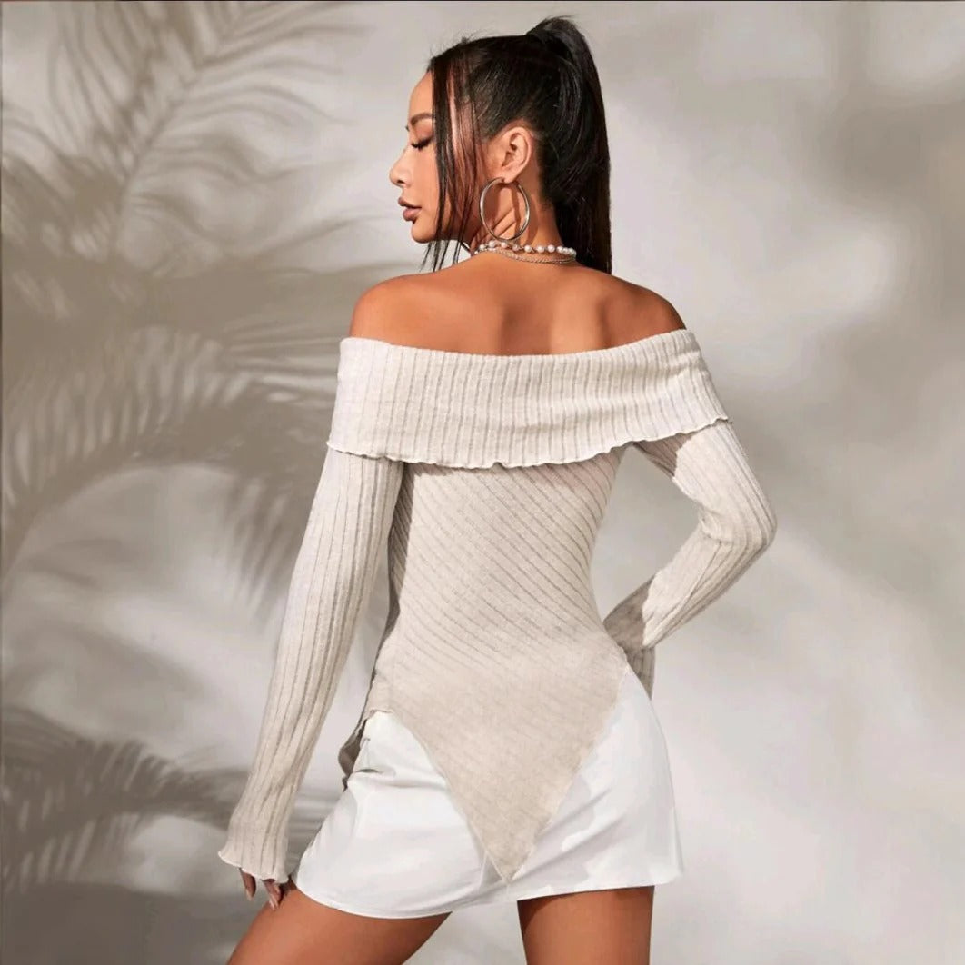 Top épaules dénudées femme – Maille côtelée – Coupe ajustée – Ourlet asymétrique