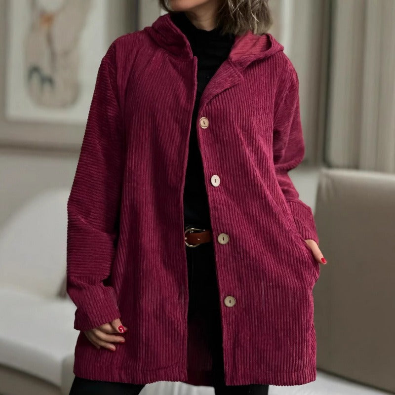Veste femme décontractée – Velours côtelé – Coupe oversize – Capuche – Boutons – Poches