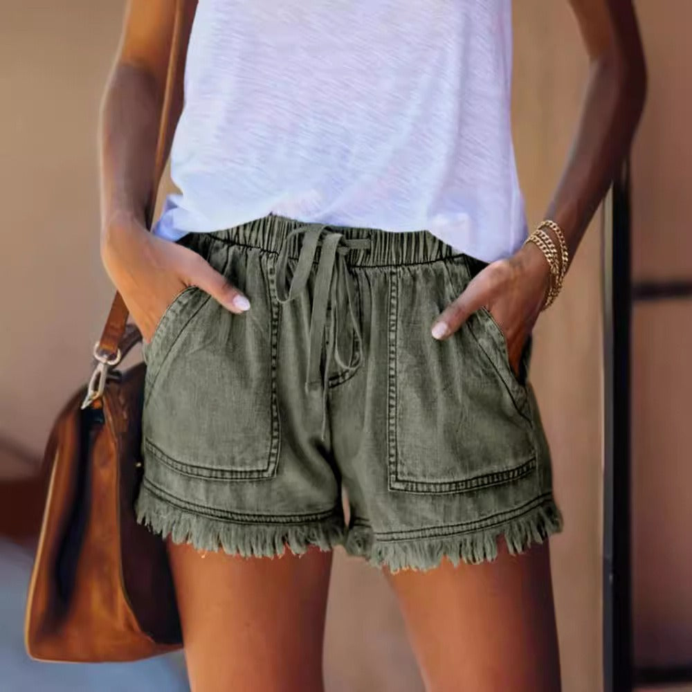 Short en jean femme – Coupe décontractée – Taille élastique avec cordon – Ourlet effiloché