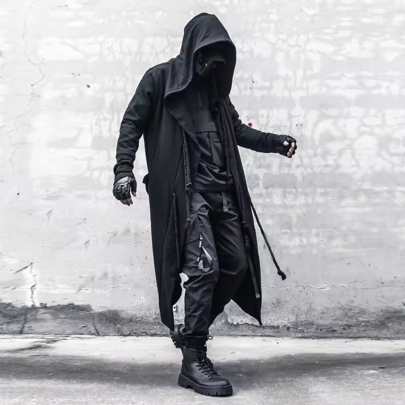Manteau long homme – Style gothique – Coupe oversize – Capuche drapée – Ouvert devant