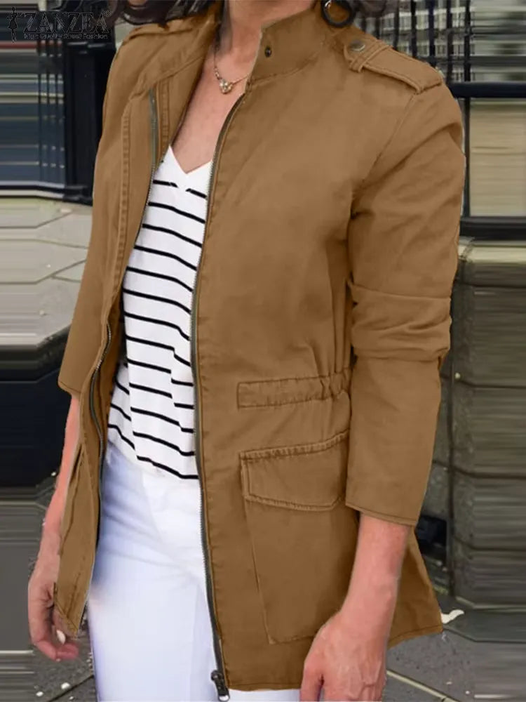 Veste cargo femme – Coupe décontractée – Coton – Col montant – Poches à rabat – Zip frontal