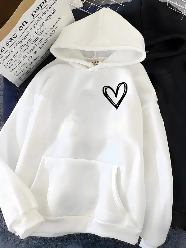 Sweat à capuche femme – Coupe décontractée – Coton – Motif cœur – Poche kangourou