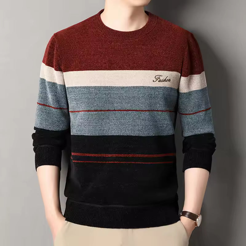 Pull homme – Maille laine – Coupe classique – Motif rayé – Col rond