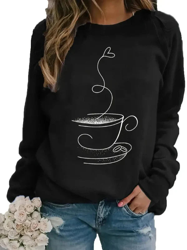 Sweatshirt femme – Coupe décontractée – Coton doux – Motif tasse à café – Col rond