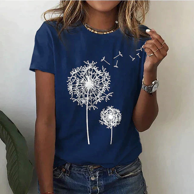 T-shirt Femme - Col Rond - Manches Courtes - Coupe Confort - Motif Pissenlit Graphique