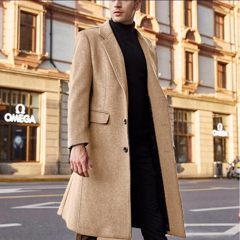 Manteau homme long – Coupe ajustée – Tissu luxueux – Revers crantés – Élégant