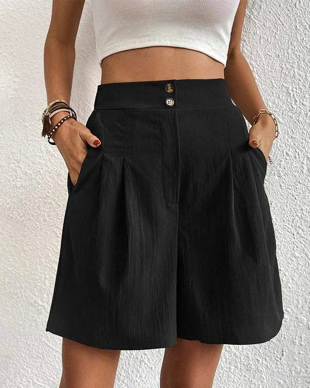 Short femme taille haute - Coupe élégante - Ceinture boutonnée - Poches latérales