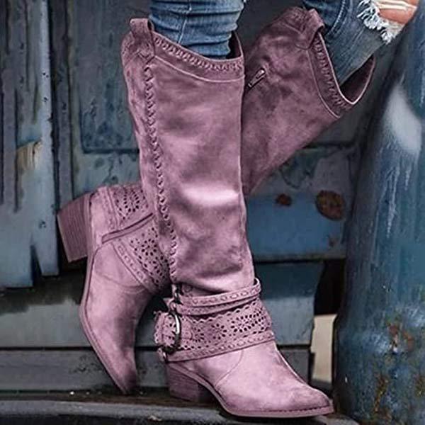 Bottes hautes femme – effet suédé – broderies – bride à boucle – talon bloc