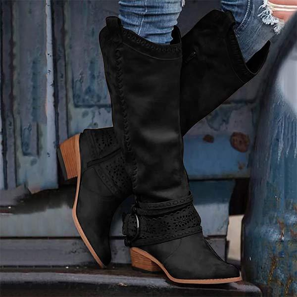Bottes hautes femme – effet suédé – broderies – bride à boucle – talon bloc