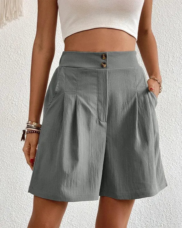 Short femme taille haute - Coupe élégante - Ceinture boutonnée - Poches latérales