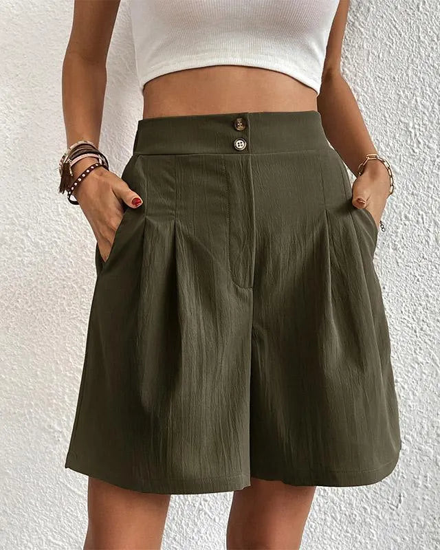 Short femme taille haute - Coupe élégante - Ceinture boutonnée - Poches latérales