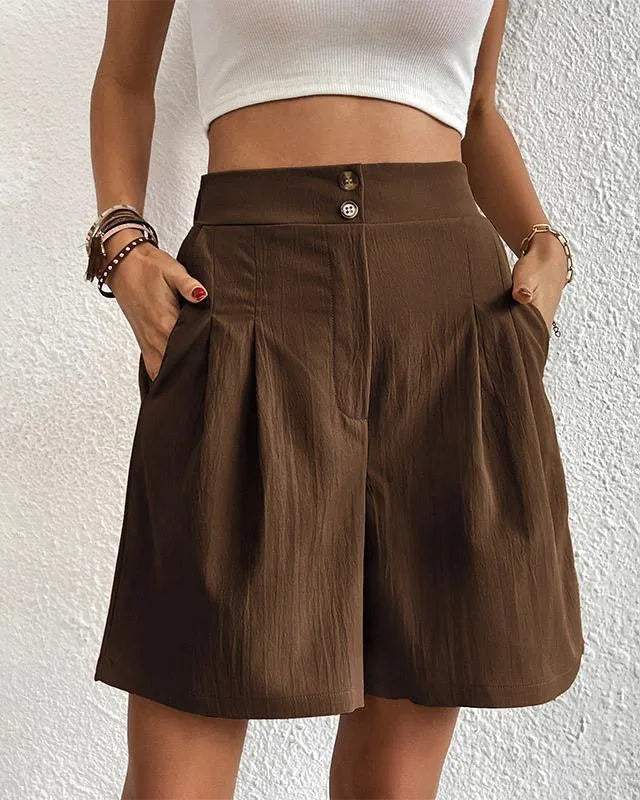 Short femme taille haute - Coupe élégante - Ceinture boutonnée - Poches latérales