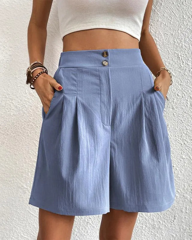 Short femme taille haute - Coupe élégante - Ceinture boutonnée - Poches latérales
