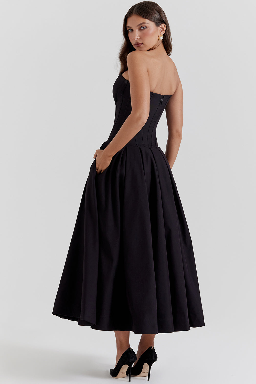 Robe midi femme – Sans bretelles – Coupe évasée – Corsage structuré élégant
