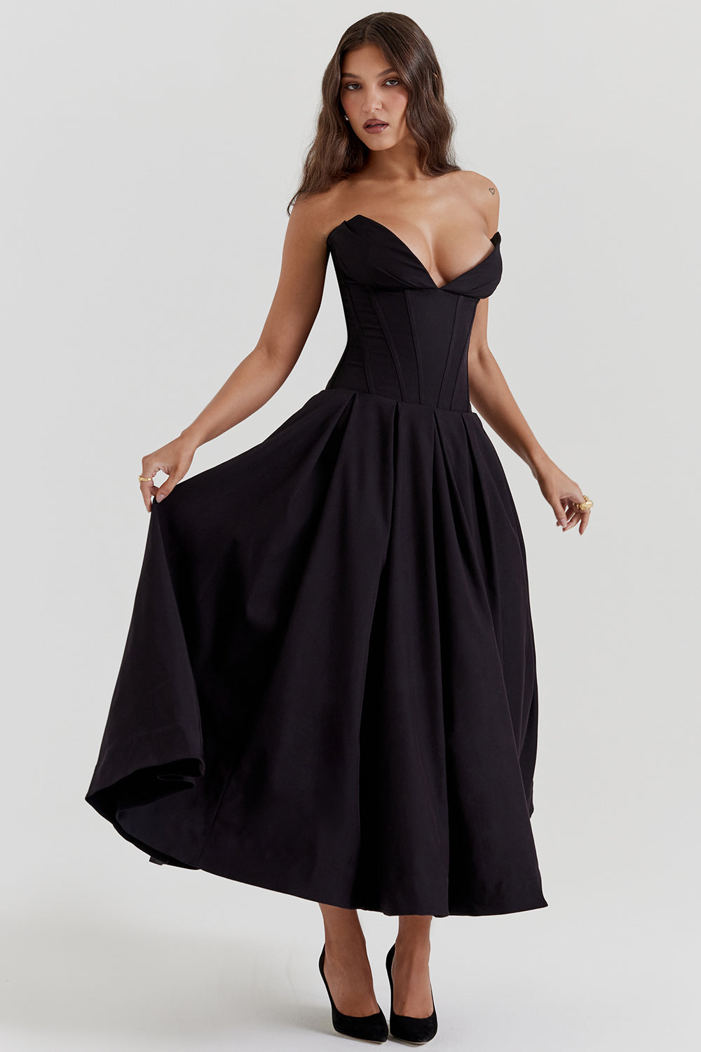 Robe midi femme – Sans bretelles – Coupe évasée – Corsage structuré élégant